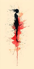 A graceful female silhouette stands amidst vibrant splashes of red and peach, embodying a sense of movement and emotion in this artistic and abstract representation.