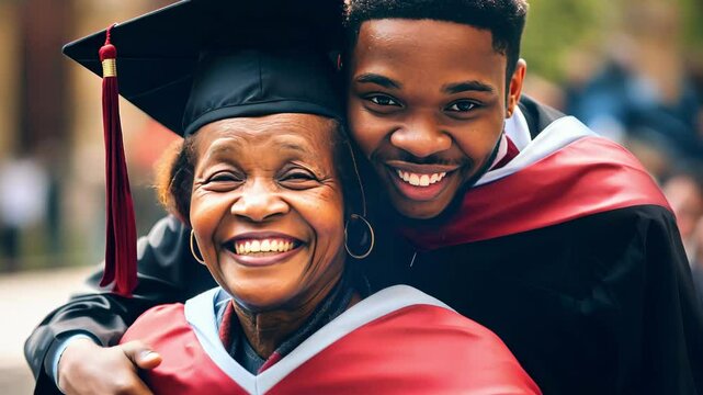 Happy smiling guy black african american with mother, student and diploma on graduation outdoors, blue sky and pride in education celebration. Man and college or university degree for achievement, gra