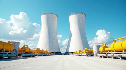 Obraz premium Industrial Cooling Towers and Associated Equipment Under a Blue Sky