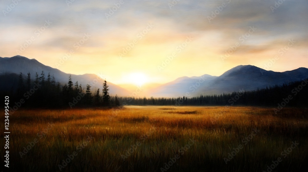 Poster serene sunrise over a tranquil meadow with mountains in the background : generative ai