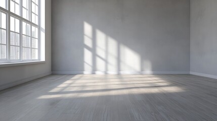 Empty Room With Large Windows Casting Natural Sunlight on Wooden Floor : Generative AI