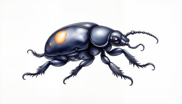 Glossy black diving beetle illustration on white background, nature art