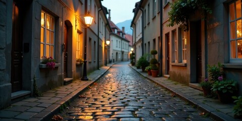 Evening Ambiance on a Cobblestone Street with Warmly Lit Windows and Blooming Flowers in Window Boxes