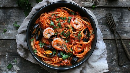 Rustic Seafood Pasta, overhead, wood, herbs, menu