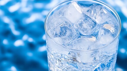 Chilled Glass of Ice Water with Blue Reflective Surface in Close Up Perspective : Generative AI
