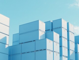 A stack of large blue container boxes is set against a clear sky, creating a geometric and industrial scene with a serene atmosphere.