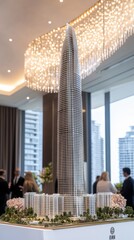 A detailed scale model of a modern skyscraper is displayed on a table in an elegant room with chandeliers. People are seen in the background discussing.