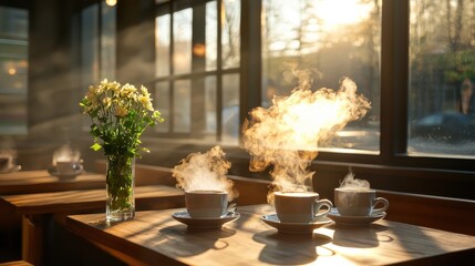 Cozy coffee shop interior with wooden furniture steaming cups soft lighting inviting atmosphere for relaxation