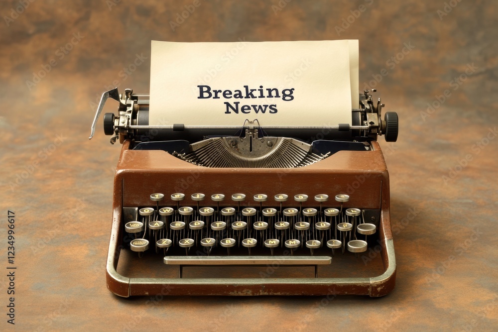 Aufkleber Vintage typewriter sits ready with breaking news typed on a blank sheet with a rustic background. Generative AI