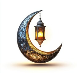Islamic Crescent Moon with Mosque and Lanterns, Ramadan Greeting Card