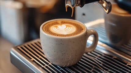 Barista Pouring Rich Espresso Into Mug for Latte Art on Coffee Machine : Generative AI