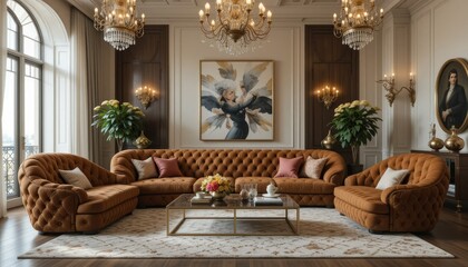 A cozy, beehive-inspired brown couch with a unique hexagonal texture, positioned in a grand living room featuring elegant chandeliers and sophisticated wall art