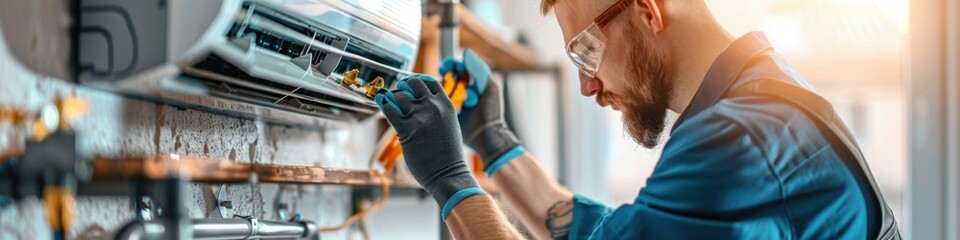 Technician servicing an air conditioning unit, ensuring optimal performance.