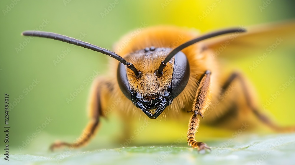 Poster Macro Closeup of a Honeybee on Leaf Vibrant Detail and Color : Generative AI