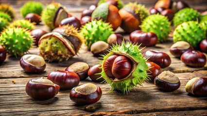 A closeup of chestnuts in their spiky husks, resting on a rustic wooden surface, showcasing the autumnal bounty of nature