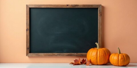 Rustic chalkboard with autumnal pumpkins and leaves, perfect for seasonal announcements or messages