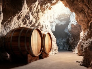 A rustic underground cellar with old French oak wooden barrels illuminated by soft natural light filtering through the cave entrance.