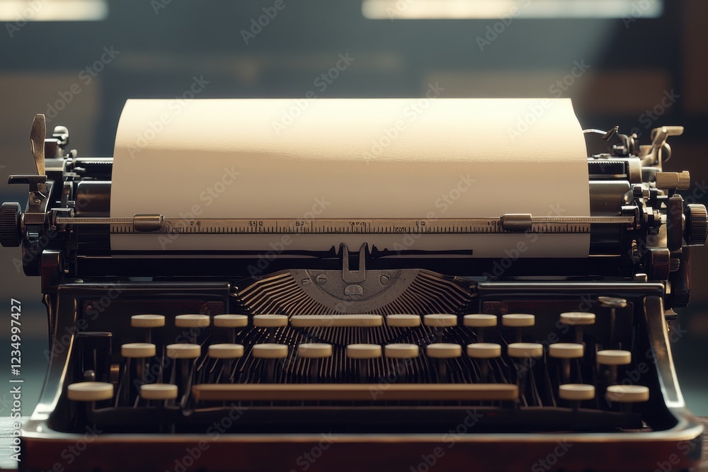 Poster Vintage typewriter with a blank sheet displaying breaking news in bold letters during a quiet afternoon. Generative AI