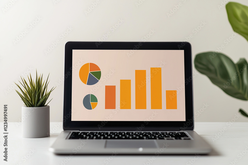 Poster laptop displaying colorful charts and graphs is placed on desk next to small potted plant, highlight