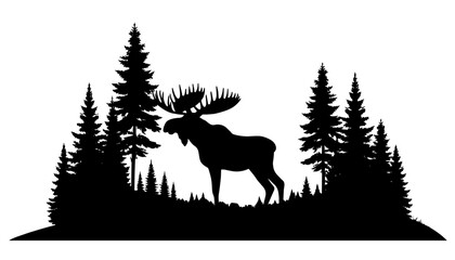 moose in coniferous forest silhouette black vector shape  © Kaz