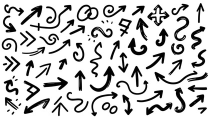 hand-drawn arrow outlines playful black and white doodle icons collection set
