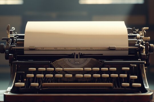 Vintage typewriter with a blank sheet displaying breaking news in bold letters during a quiet afternoon. Generative AI
