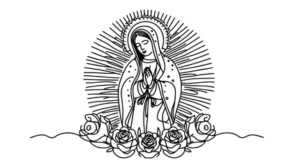 holy virgin mary with roses and sun rays black vector decorative silhouette for engraving
