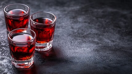 Three Glasses of Red Shots on Dark Textured Surface : Generative AI