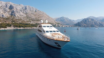 Luxury yacht at Adriatic coast, mountains backdrop, travel brochure