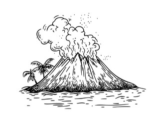 tropical volcano island with palm trees and smoke expressive energetic sketch black vector  © Kaz