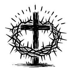 cross with crown of thorns black vector decorative silhouette shape
