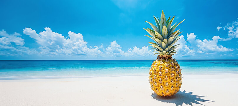 A ripe pineapple sits on pristine white sand against a vibrant blue sky and clear ocean, evoking tropical relaxation and sunny island vibes.
