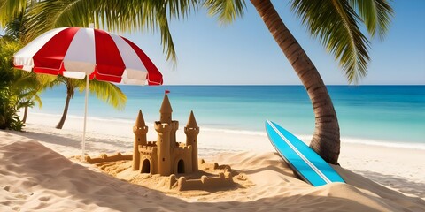 Beach with Umbrella and Chairs Idyllic Beach Day