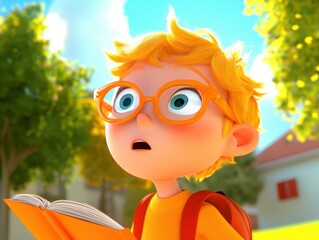 A cute, animated robot child is surprised while reading a book. The scene is colorful and cheerful, depicting a sunny day with vibrant greens and blues.