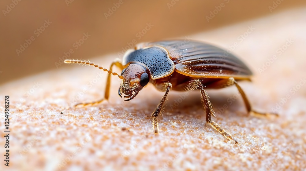 Poster detailed macro shot of a small brown beetle on textured surface : generative ai
