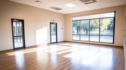 Obraz premium Bright and Modern Sunlit Empty Room with Large Windows and Wooden Floors : Generative AI