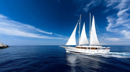 Fototapeta premium Elegant TwoMast Sailboat on Lush Blue Ocean Under Clear Skies : Generative AI