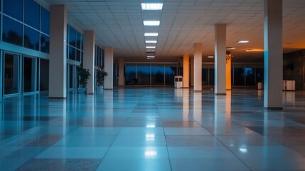 Fototapeta premium Modern Office Interior With Floor to Ceiling Windows and Polished Tile Flooring at Dusk : Generative AI
