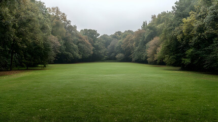 Obraz premium Wide green lawn surrounded by dense forest trees under an overcast sky.