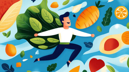 You Are What You Eat, illustration, A colorful illustration of a man with leafy wings surrounded by various fruits and vegetables, symbolizing health and vitality.