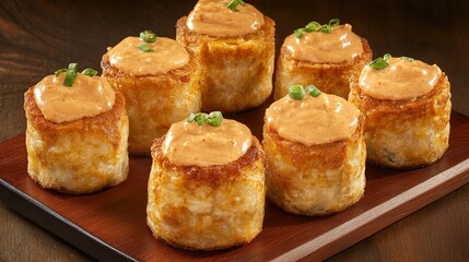 Crispy potato appetizers, spicy sauce, wood board, dark background, restaurant menu