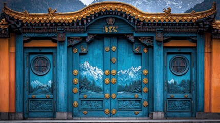 Obraz premium Ornate Blue Temple Gate With Mountain Scene