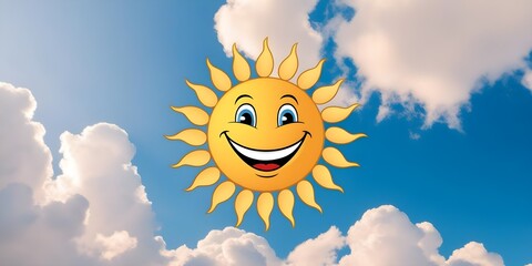 Cartoon Sun with a Happy Face and Clouds