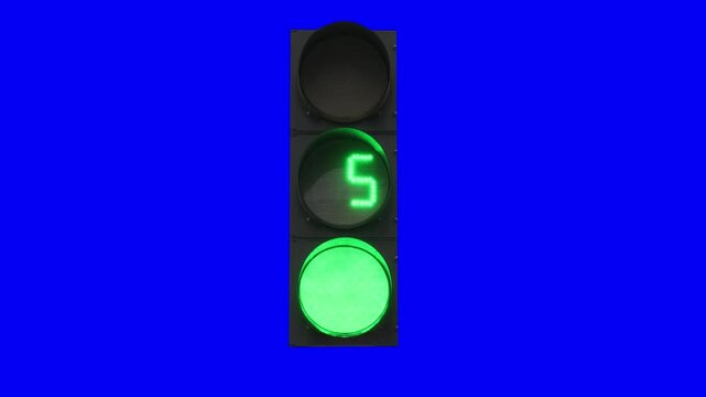 Working traffic light with countdown on blue background, chromakey, close-up