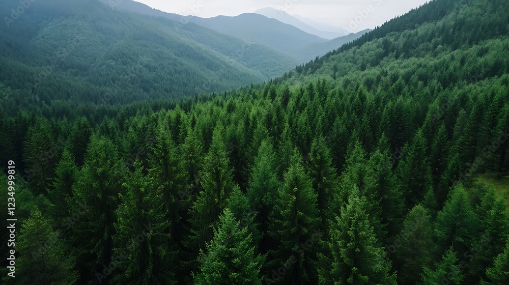 Poster lush green forest covered mountain range under cloudy sky : generative ai