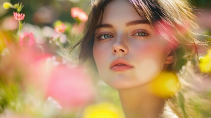 Young Woman Amidst Blooming Flowers In Sunlight