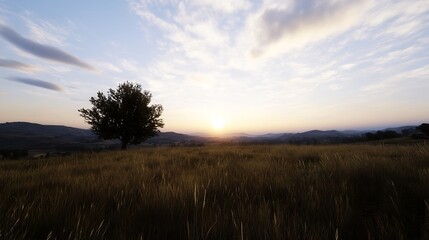 Obraz premium Serene Sunrise Over Tranquil Meadow with Lone Tree and Rolling Hills in Pastel Colors : Generative AI
