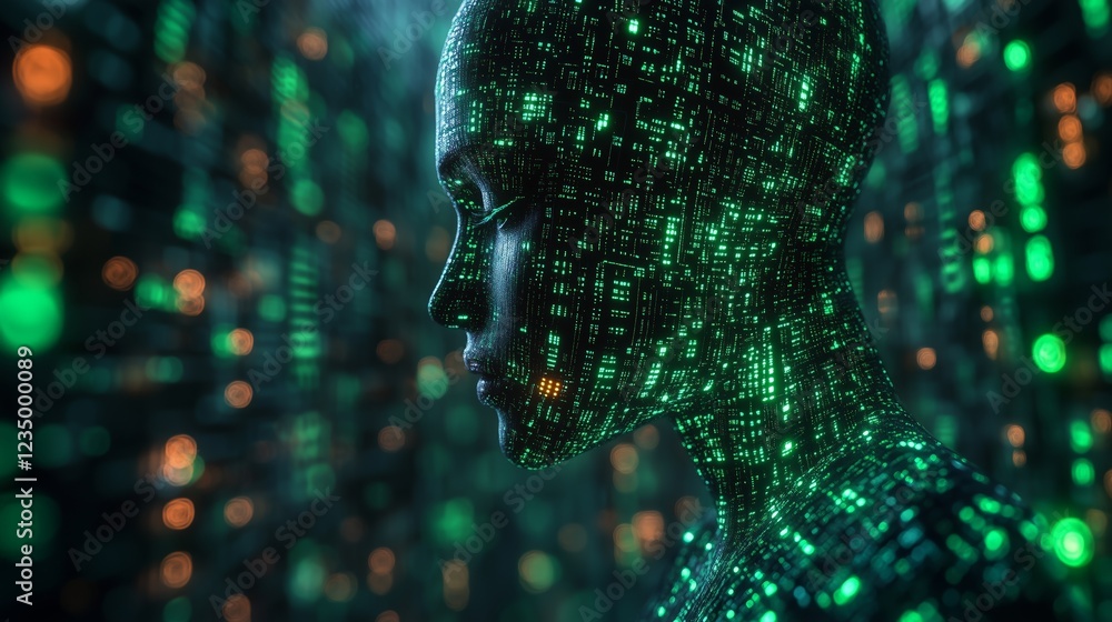 Aufkleber digital human figure illuminated with glowing green binary code patterns