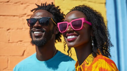 Happy Couple Smiles Brightly Wearing Sunglasses