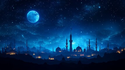 A Breathtaking, Nighttime Scene Of A City Silhouetted Against A Vibrant, Starlit Sky, Featuring A Large, Blue Moon And Numerous Minarets. The Image Evokes A Sense Of Serenity And Wonder.